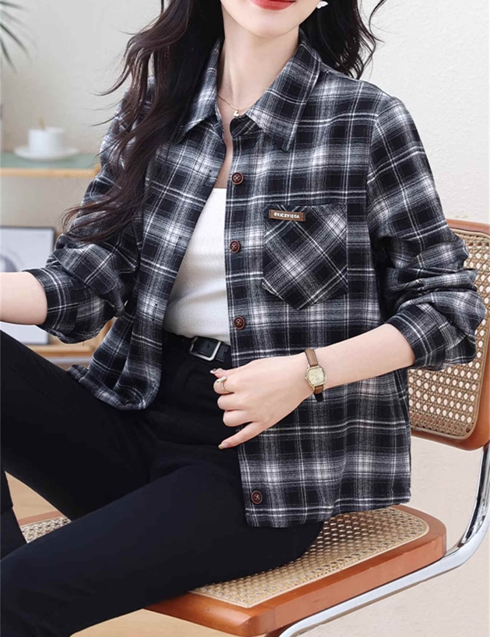 Autumn and winter plaid coat long sleeve shirt for women