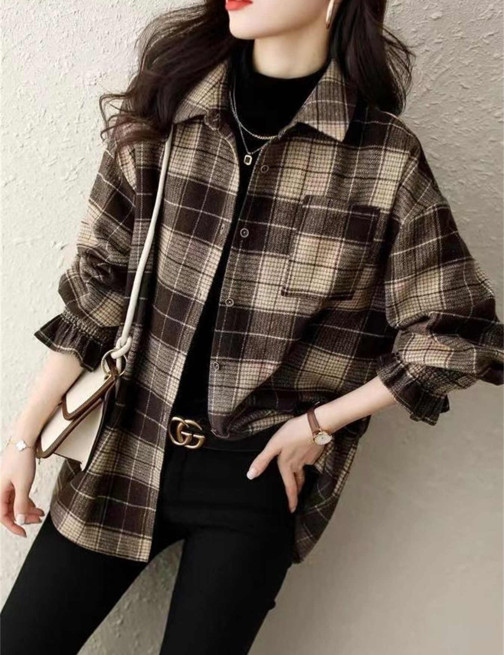 Loose autumn tops plaid autumn and winter shirt for women