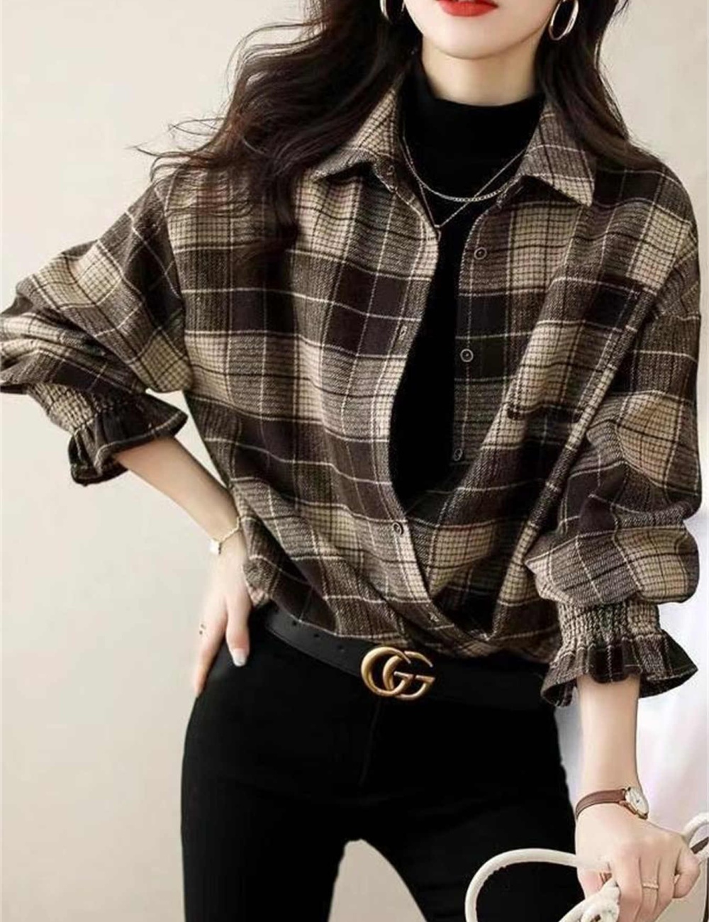 Loose autumn tops plaid autumn and winter shirt for women