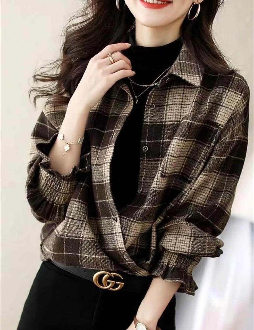 Loose autumn tops plaid autumn and winter shirt for women