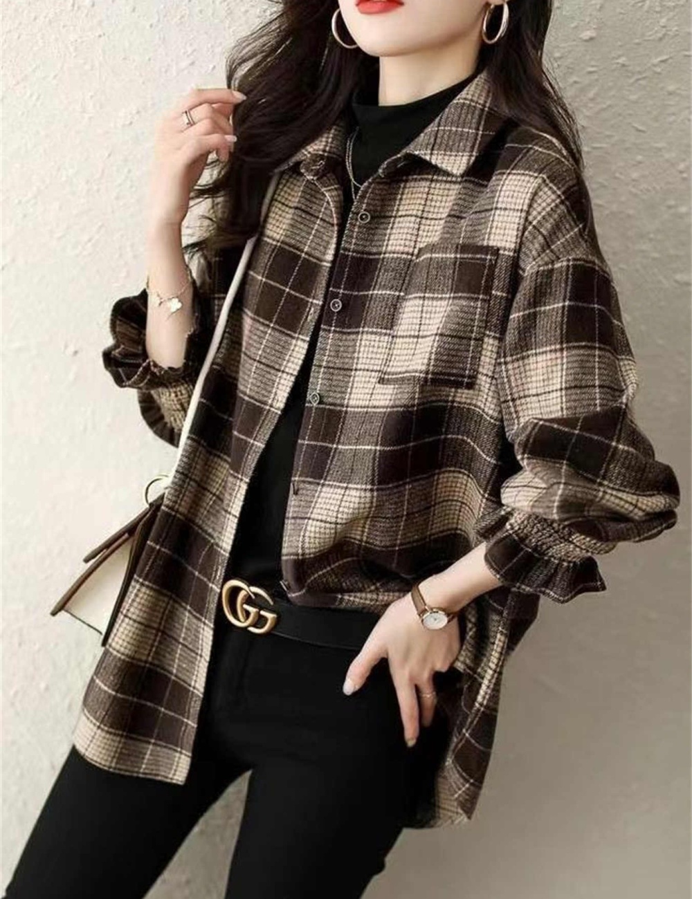 Loose autumn tops plaid autumn and winter shirt for women