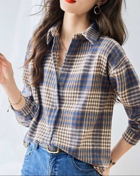 Retro mixed colors loose coat sueding plaid shirt for women