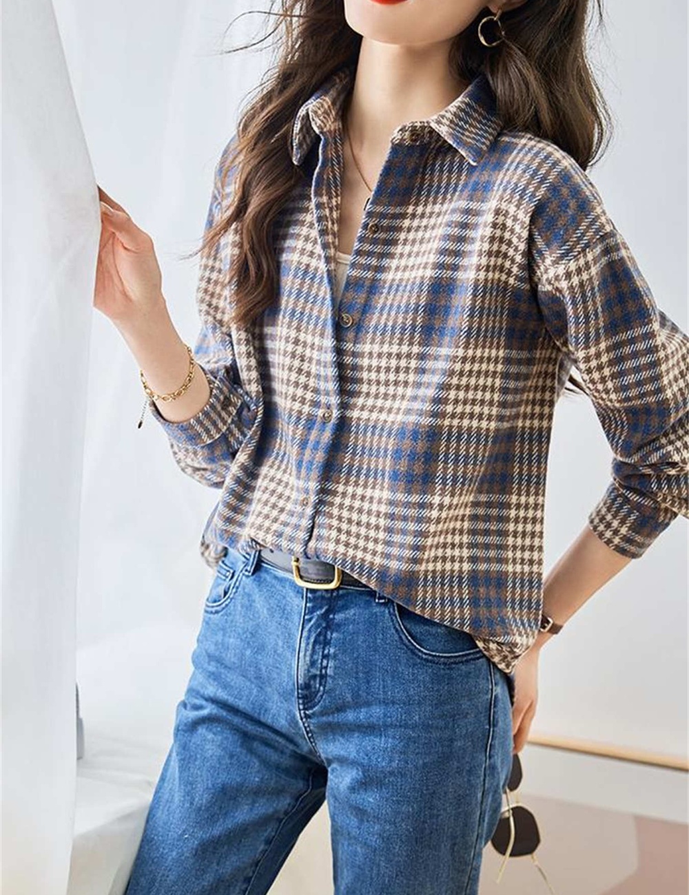 Retro mixed colors loose coat sueding plaid shirt for women