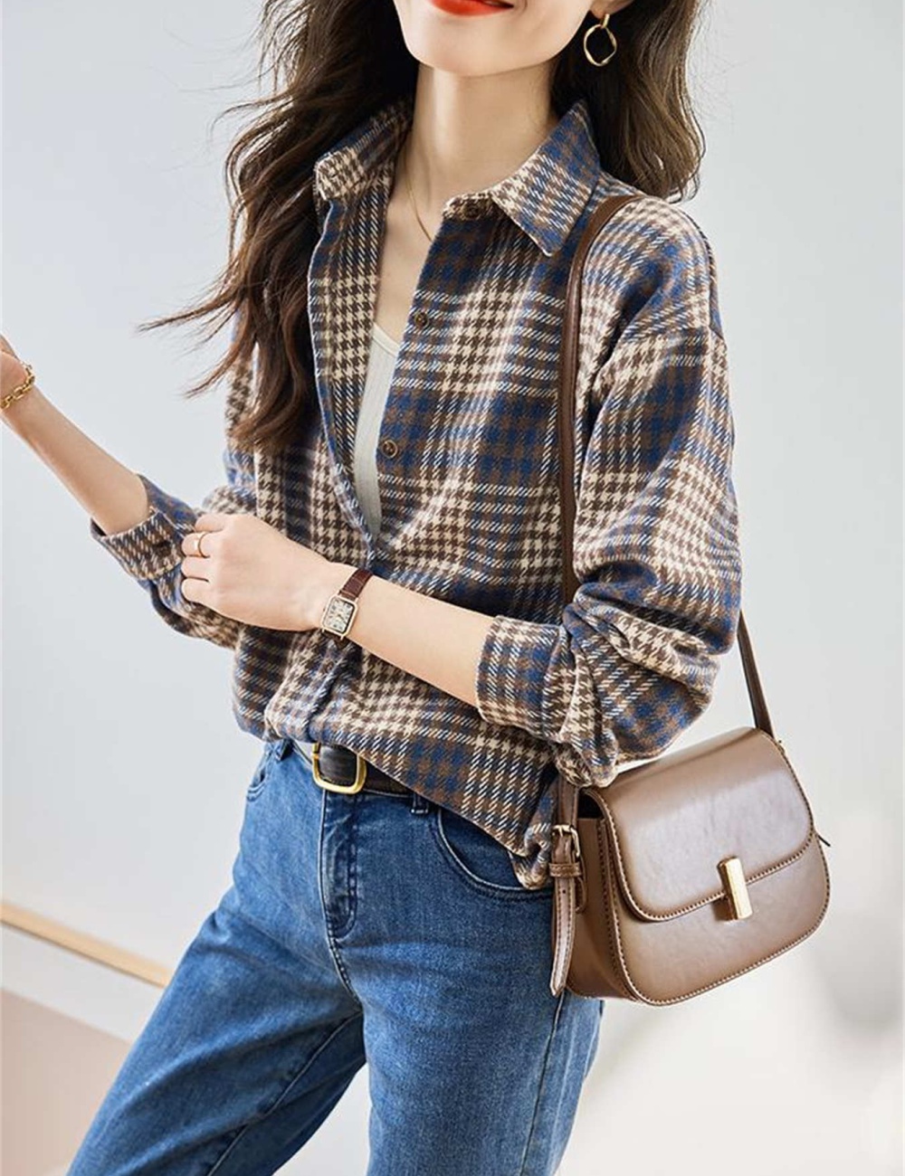 Retro mixed colors loose coat sueding plaid shirt for women