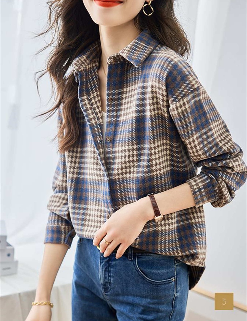 Retro mixed colors loose coat sueding plaid shirt for women