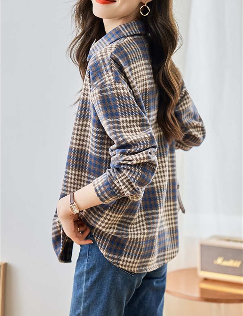 Retro mixed colors loose coat sueding plaid shirt for women