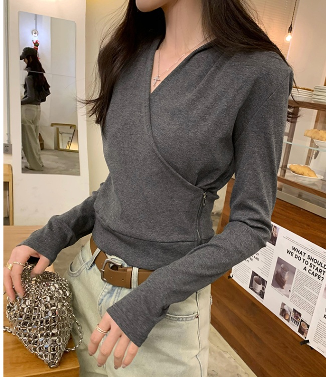 V-neck tops long sleeve bottoming shirt for women