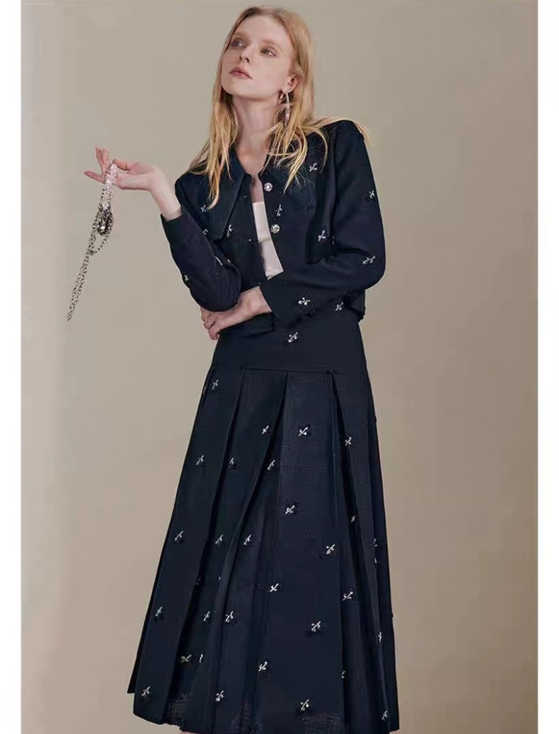 Light luxury high waist long skirt pleated coat 2pcs set