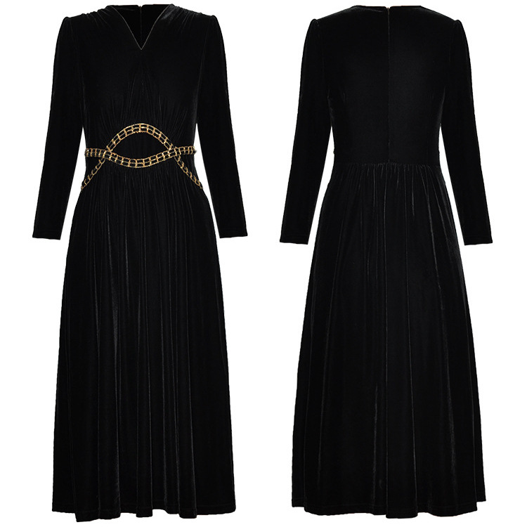 Chain autumn bottoming pinched waist long sleeve dress