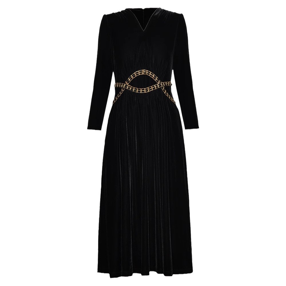 Chain autumn bottoming pinched waist long sleeve dress