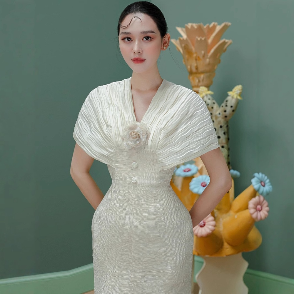 Elegant spring lady mermaid white temperament dress