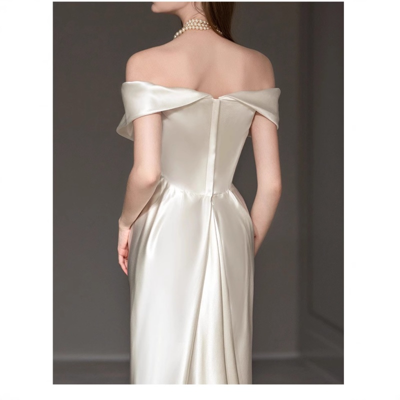 Temperament flat shoulder wedding dress light long dress