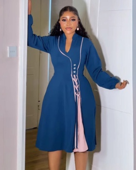 Mixed colors long sleeve pinched waist dress