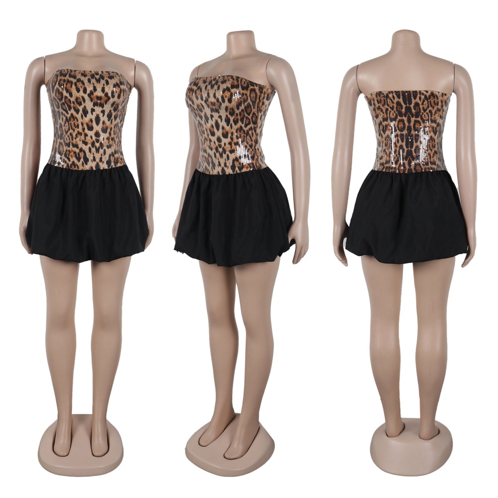 European style mini sequins sexy wrapped chest leopard dress