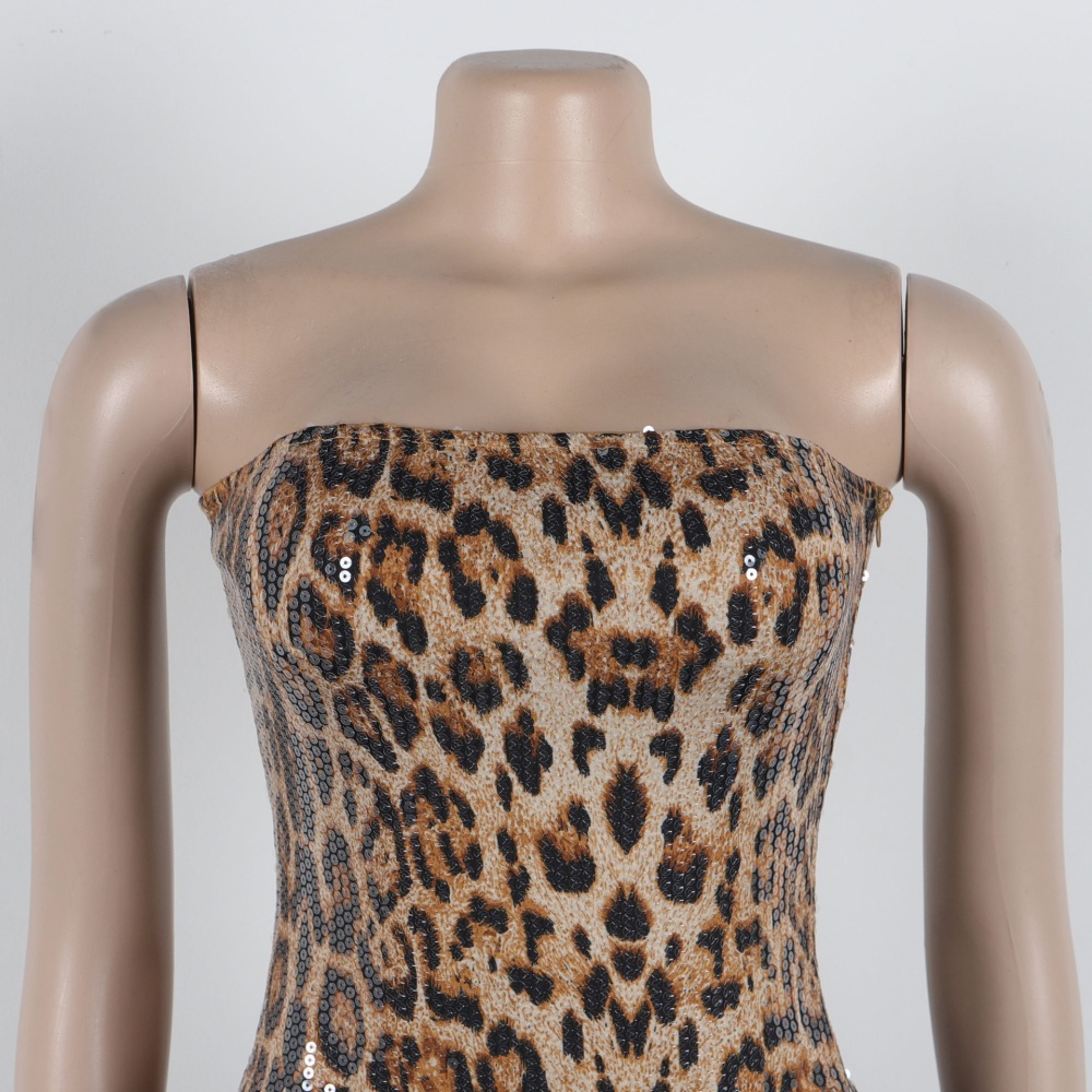 European style mini sequins sexy wrapped chest leopard dress