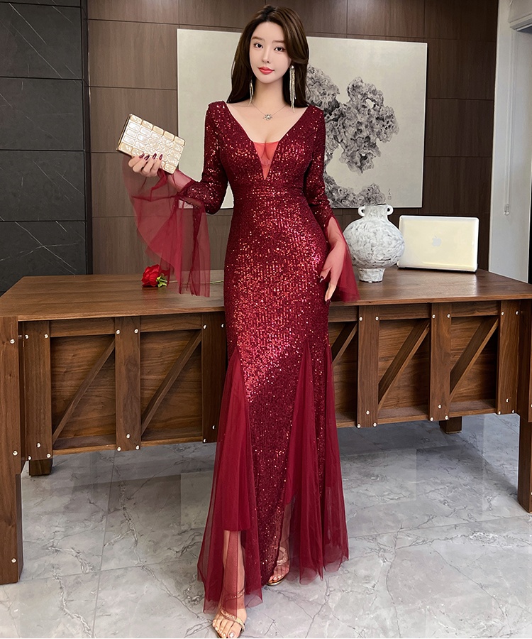 Ladies wine-red evening dress mermaid dress for women