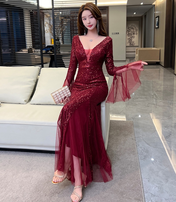 Ladies wine-red evening dress mermaid dress for women