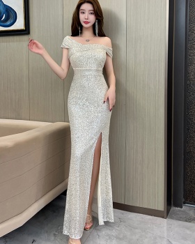 Flat shoulder catwalk sequins evening dress sexy slit dress