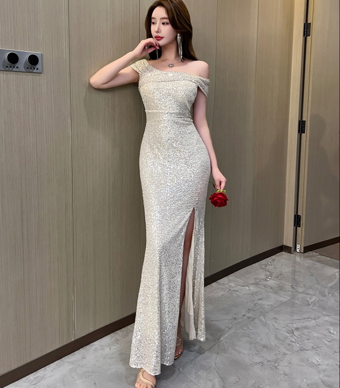 Flat shoulder catwalk sequins evening dress sexy slit dress