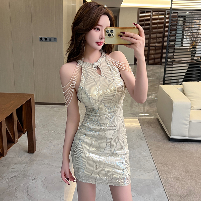 Tassels banquet sequins host light luxury sexy evening dress