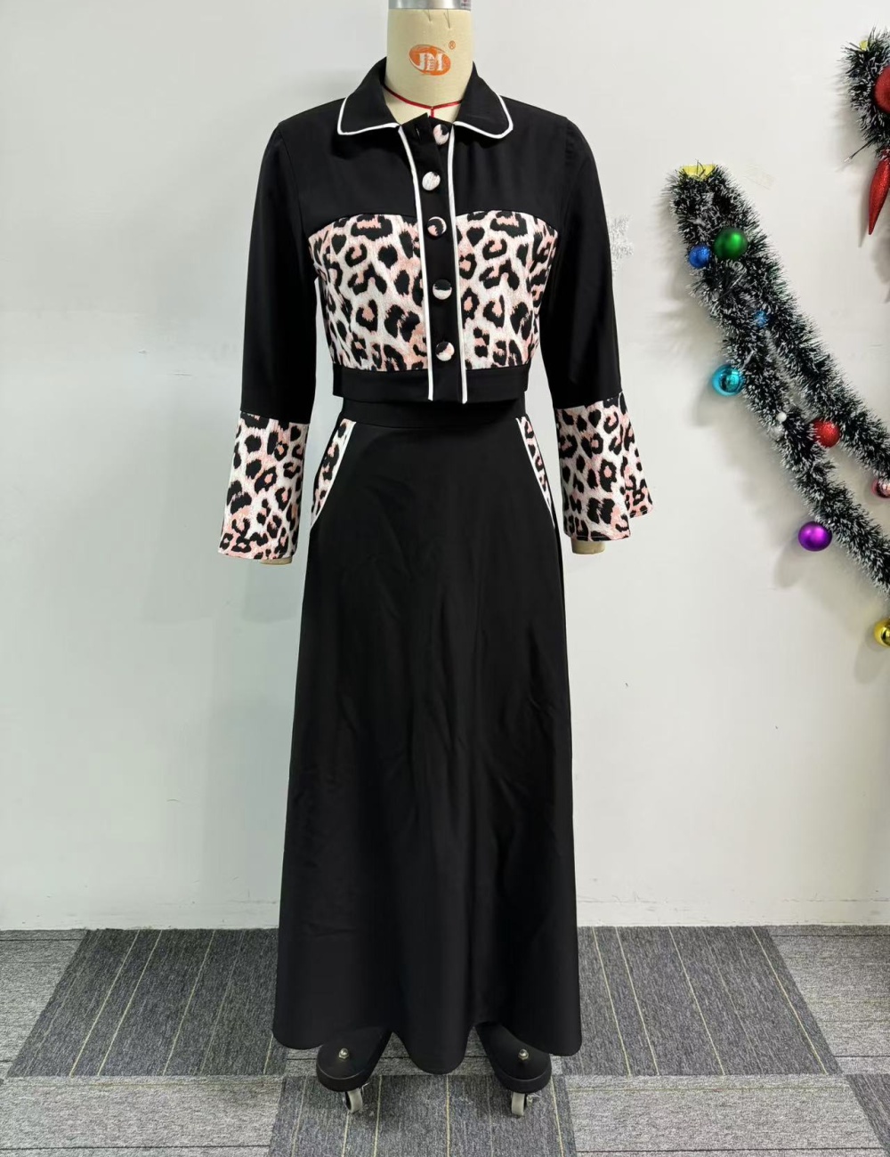 European style leopard long skirt printing sexy tops 2pcs set