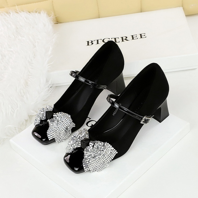 Rhinestone buckle middle-heel square head shoes for women