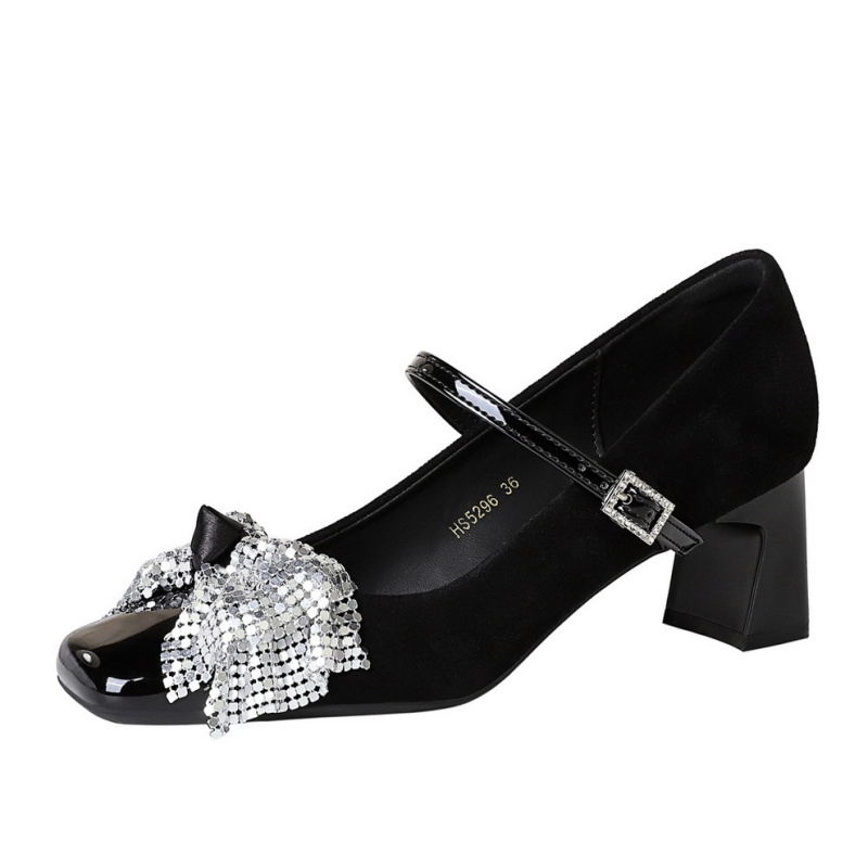 Rhinestone buckle middle-heel square head shoes for women