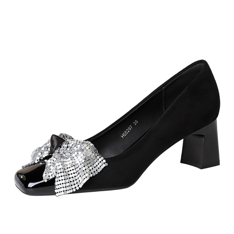 Sequins middle-heel square head low shoes for women