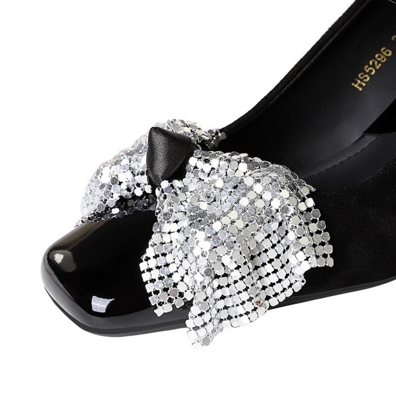 Sequins middle-heel square head low shoes for women