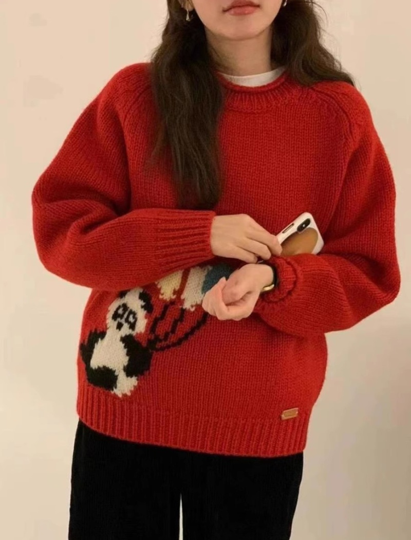 Pattern panda embroidery sweater lazy loose tops