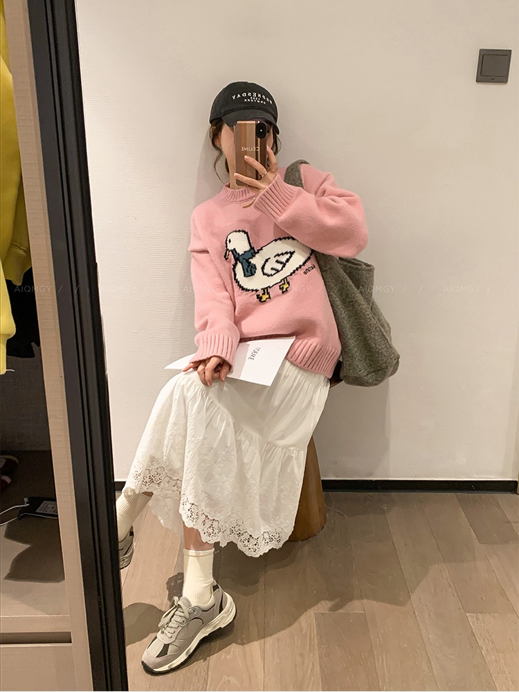 Long sleeve loose cartoon tops round neck winter lazy sweater