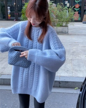 Blue lazy tops knitted twist sweater for women