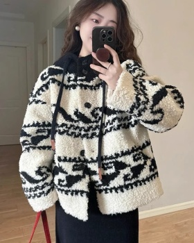 Lambs wool winter hooded plush thick coat for women