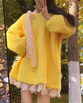 Lace splice sweater yellow France style tops for women