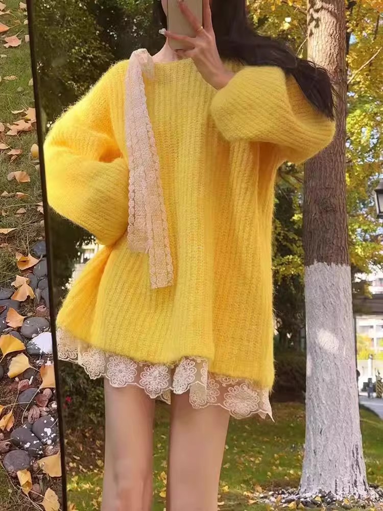 Lace splice sweater yellow France style tops for women