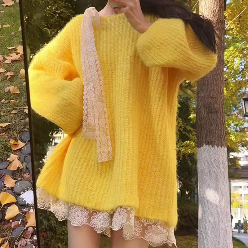 Lace splice sweater yellow France style tops for women