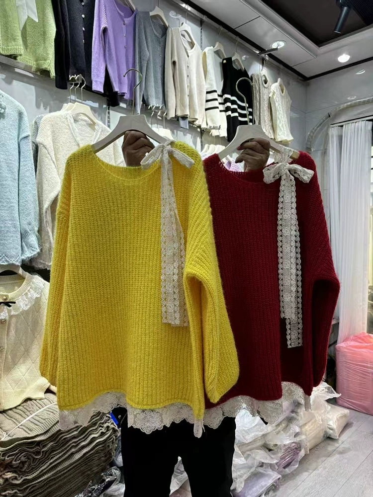 Lace splice sweater yellow France style tops for women