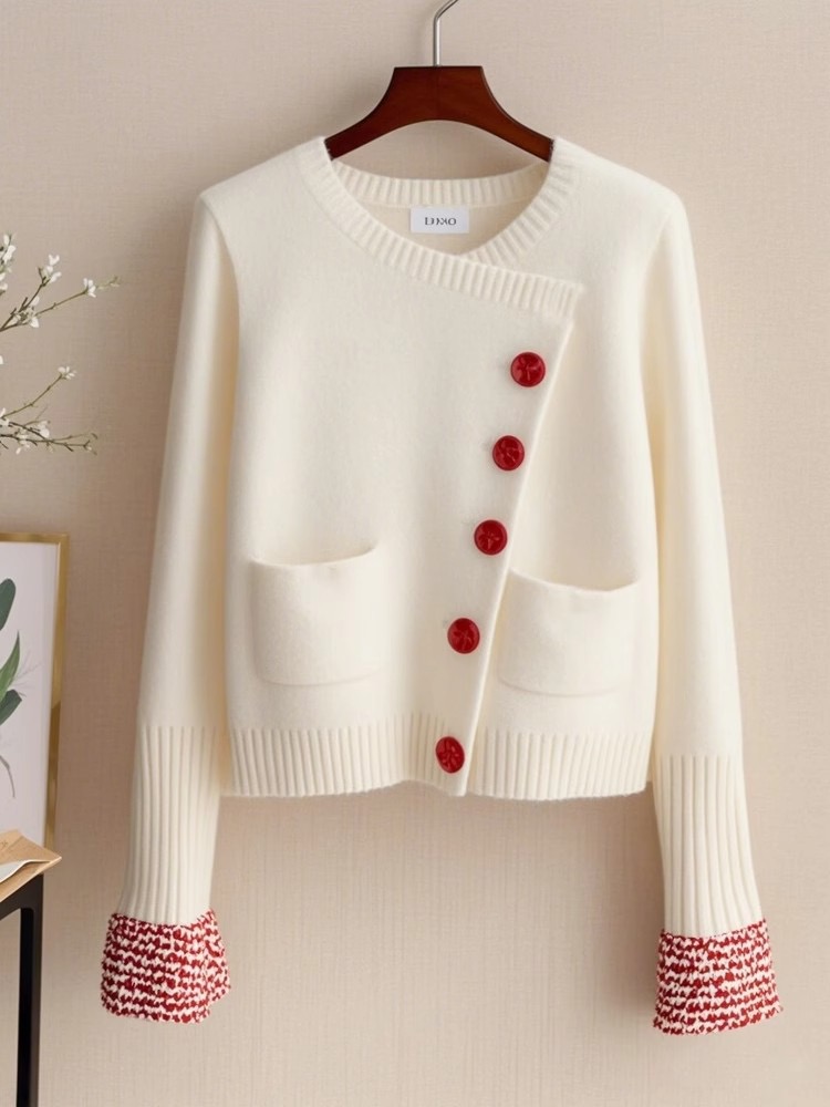 Unique white tops oblique buckle sweater for women