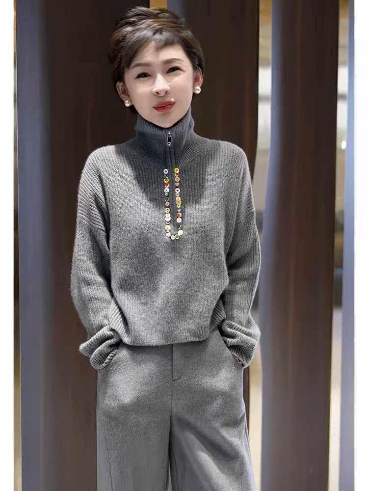 Fashion simple sweater zip knitted tops for women