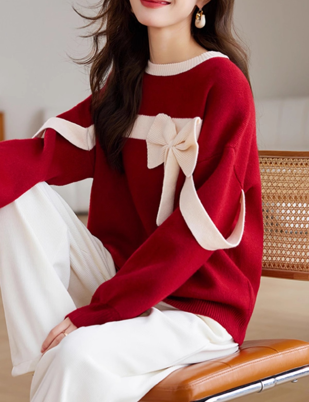 Autumn and winter unique niche lazy bow red sweater