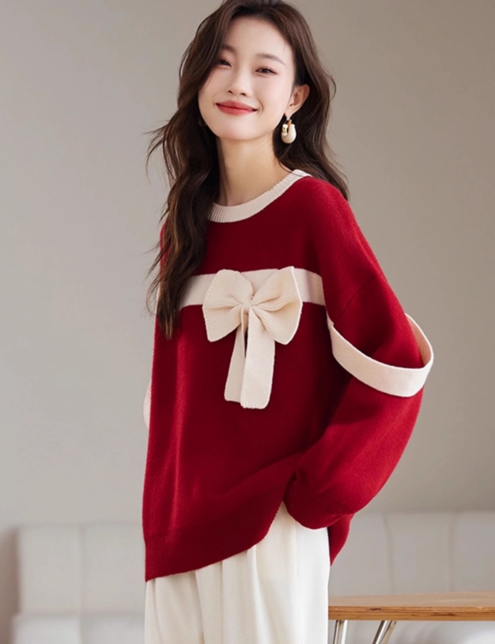 Autumn and winter unique niche lazy bow red sweater