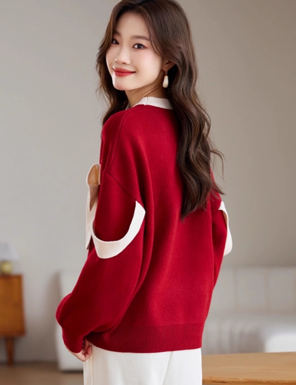 Autumn and winter unique niche lazy bow red sweater