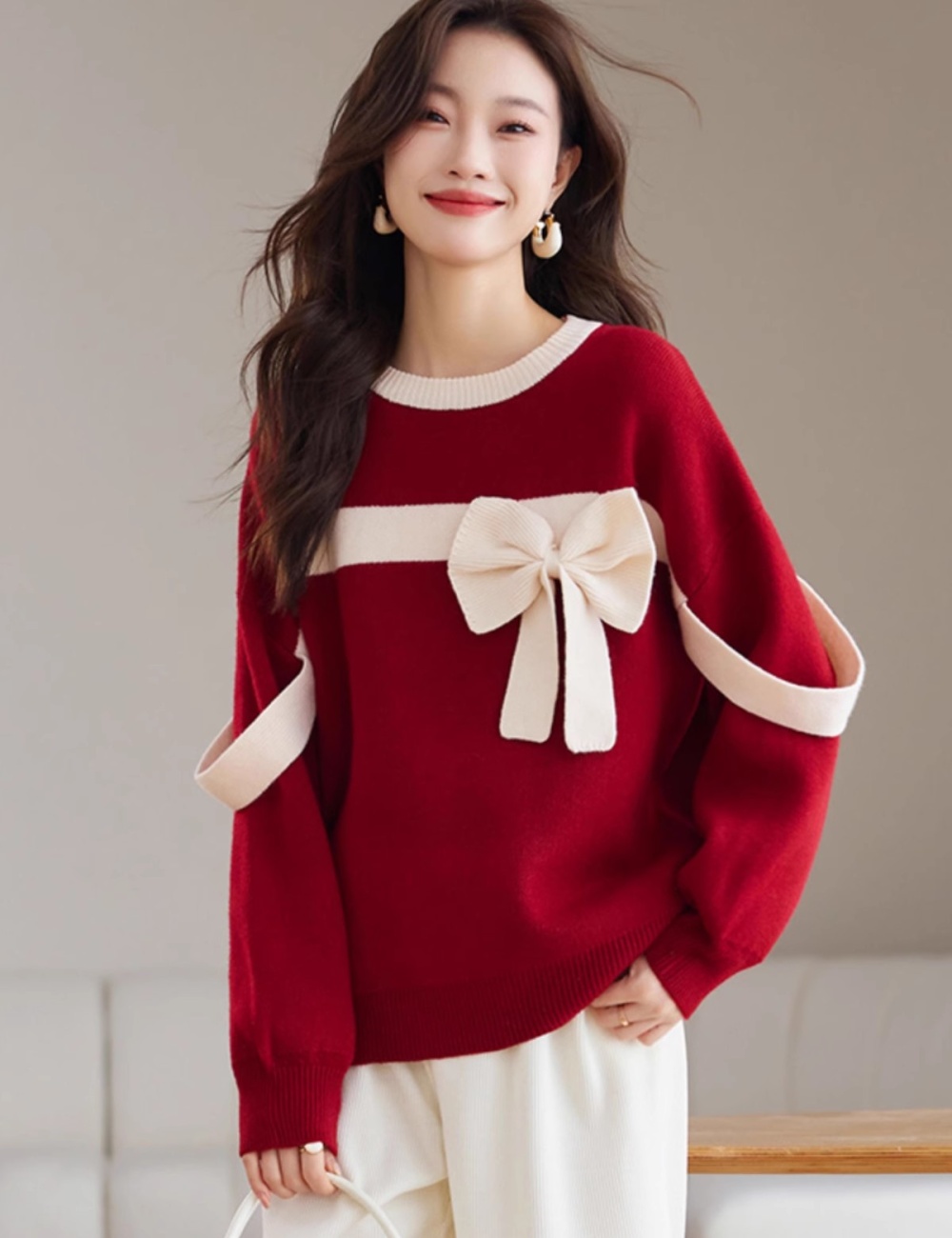 Autumn and winter unique niche lazy bow red sweater