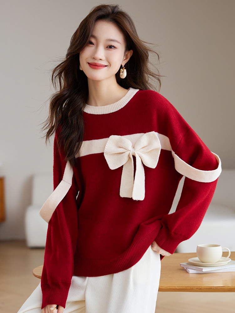 Autumn and winter unique niche lazy bow red sweater