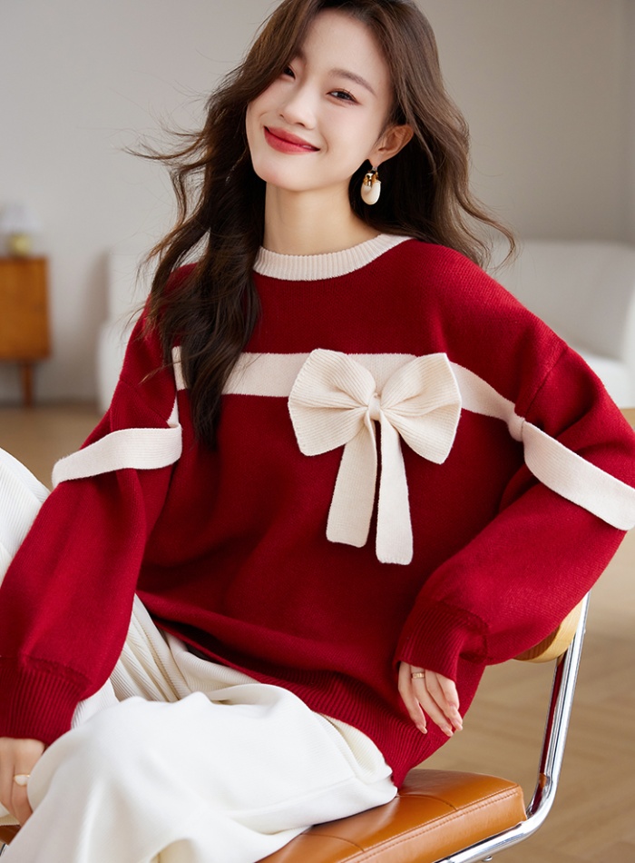 Autumn and winter unique niche lazy bow red sweater