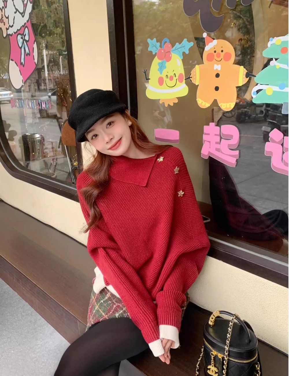 Autumn and winter temperament sweater red fashion tops