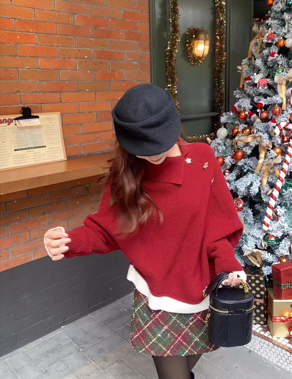 Autumn and winter temperament sweater red fashion tops