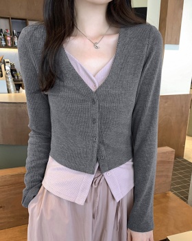 Unique Pseudo-two cardigan slim T-shirt for women