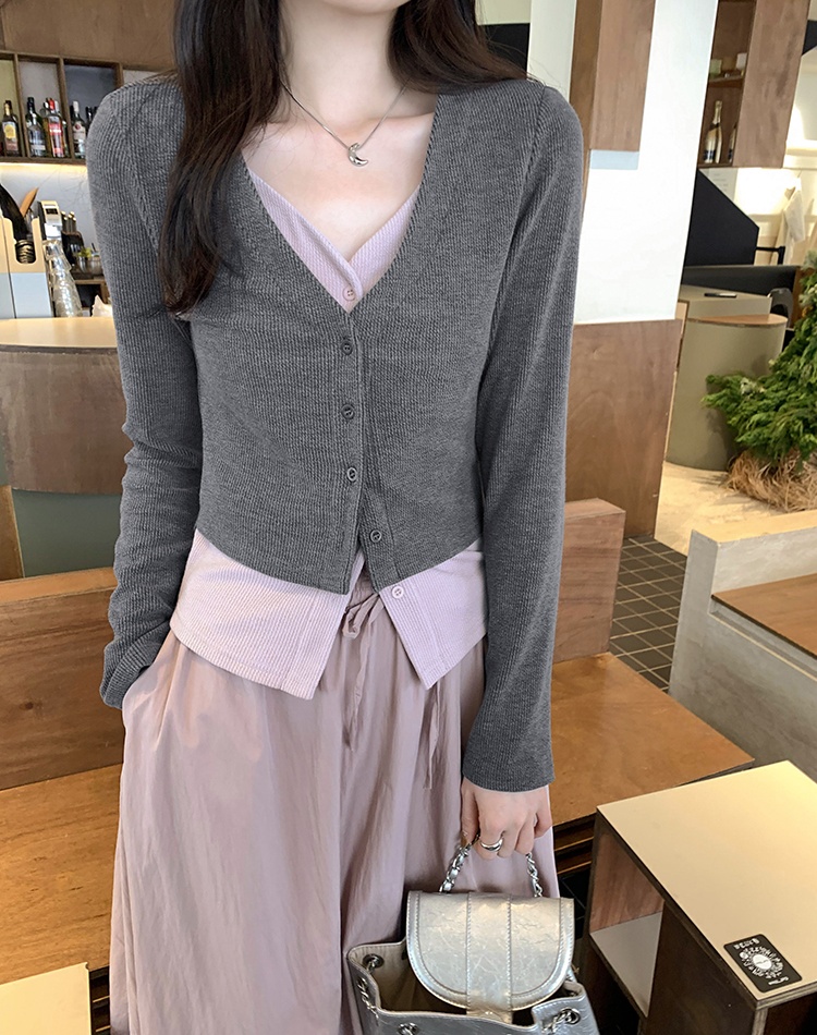 Unique Pseudo-two cardigan slim T-shirt for women