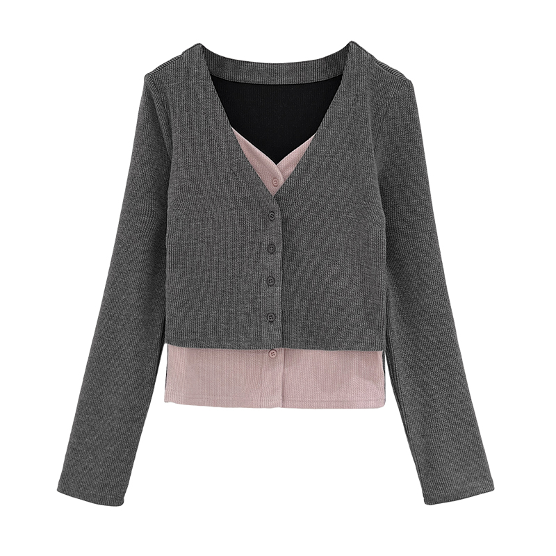 Unique Pseudo-two cardigan slim T-shirt for women